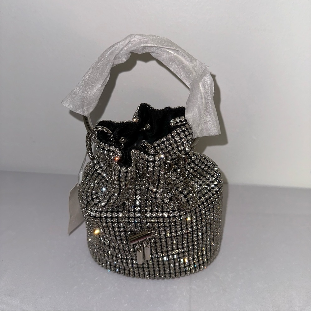 Clear Rhinestone Swing Handle Drawstring Tassel Closure Bucket Bag - Picture 9 of 11